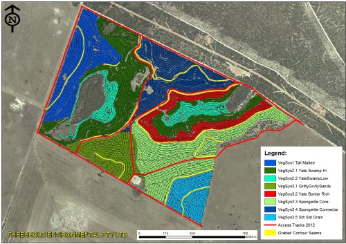 Figure 4: Mosaic of plant communities replanted at Monjebup North in 2012 using direct seeding and hand planted seedlings. A tractor fitted with GPS unit enables real time seeding passes, as shown on the map.