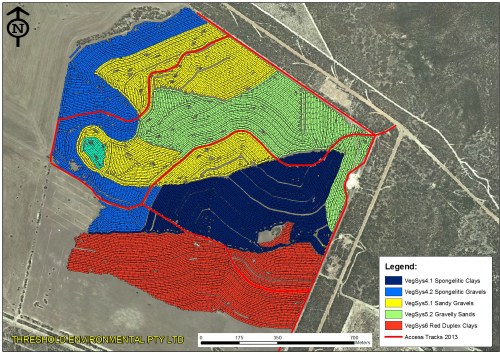 Figure 5: Mosaic of plant communities replanted at Monjebup North in 2013 using direct seeding and hand planted seedlings. A tractor fitted with GPS unit enables real time seeding passes, as shown on the map.