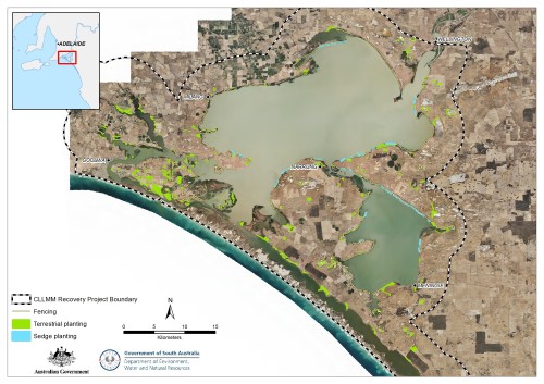 Fig. 1. The Coorong, Lower Lakes and Murray Mouth region showing terrestrial and aquatic plantings.